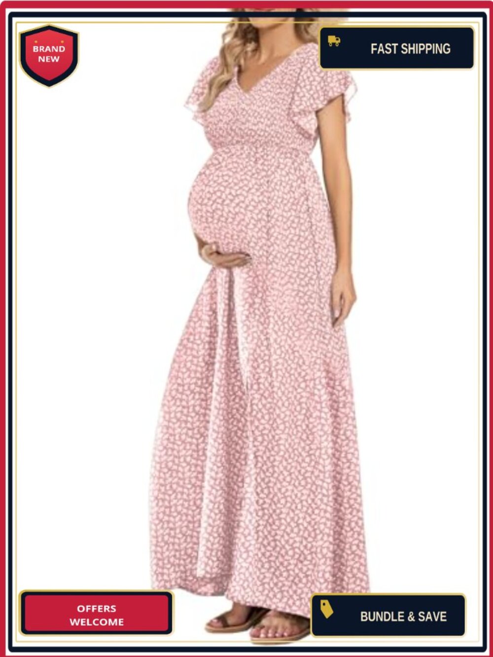 Floral Print V Neck Maternity Dress Boho Smocked Flutter Sleeve Split A Line